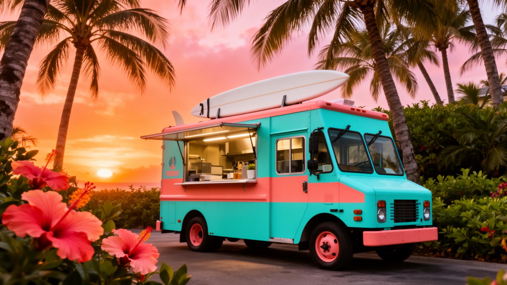 Aloha Shack Boba food truck at sunset under palm trees